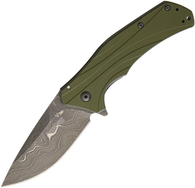 Kershaw Knockout Knife OD Green Aluminum Handle Damascus Plain Edge 1870OLDAM 1 Kershaw Knockout Knife OD Green Aluminum Handle Damascus Plain Edge 1870OLDAM