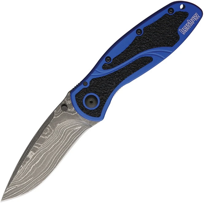 Kershaw Blur Linerlock A/O Knife Blue Alum Handle Plain Damascus Blade 1670NBDAM 1 Kershaw Blur Linerlock A/O Knife Blue Alum Handle Plain Damascus Blade 1670NBDAM