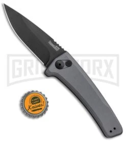 Kershaw Launch 3 Gray Aluminum Automatic Knife - Black Plain -Grind worx Kershaw Launch 3 Auto Gray Aluminum Black KER7300GRYBLK BHQ 92080 jr bottlecap large