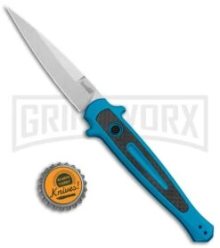 Kershaw Launch 8 Stiletto Automatic Knife Teal/CF (3.5" Stonewash) -Grind worx Kershaw Launch 8 Stiletto Auto Teal CF SW KER7150TEALSW BHQ 105834 jr bottlecap large 1
